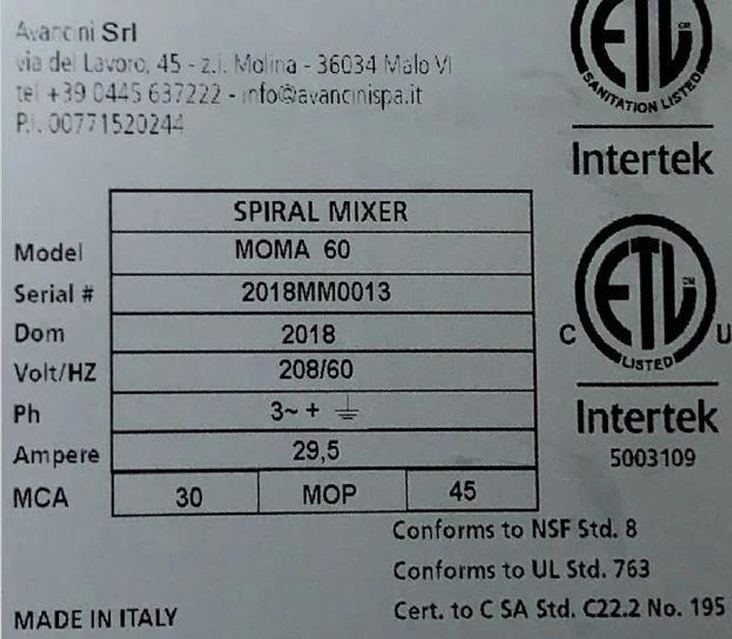 Used Avancini MOMA 60 Spiral Mixer