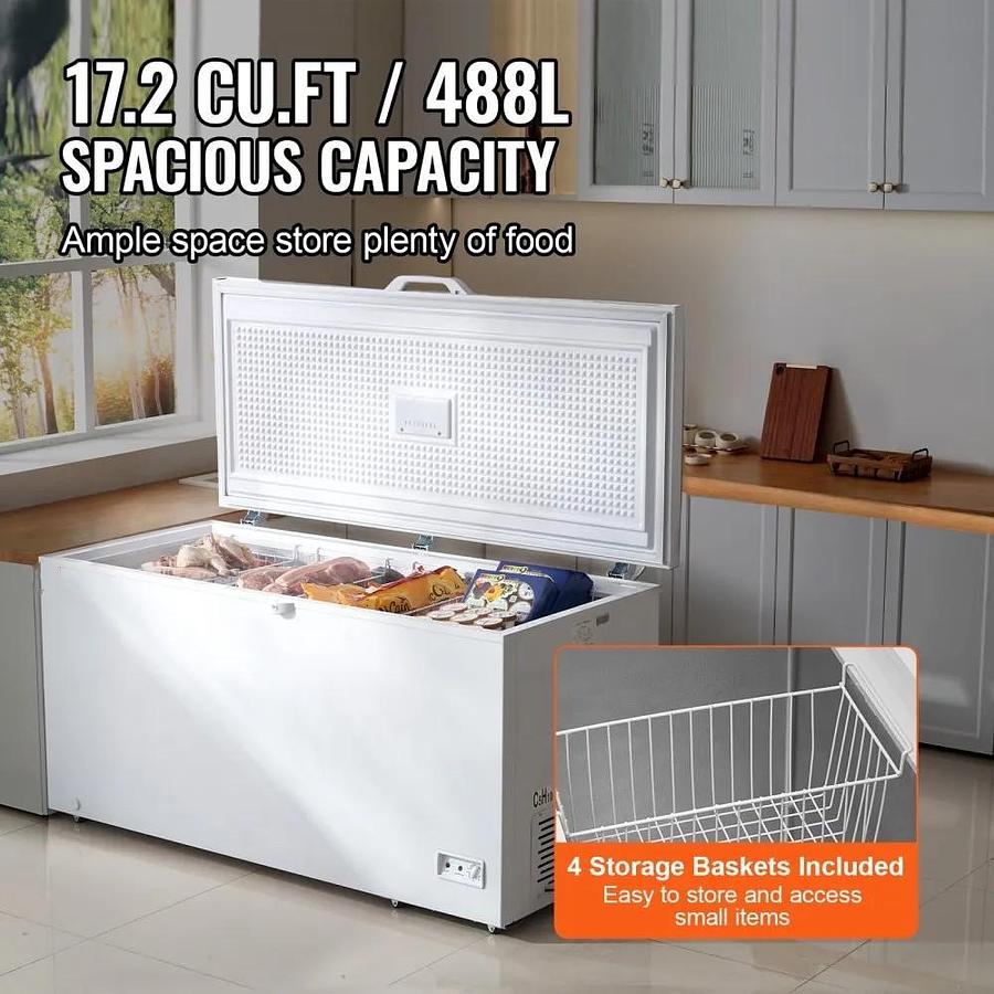 Used Chest Freezer, 17.2 cu.ft / 488 L Large Deep Freezer & 4 Removable Baskets, Freestanding Top Open Door Commercial Chest Freezers with Locking Lid, 7-Level Adjustable Temp, LED Lighting, 6 Wheels