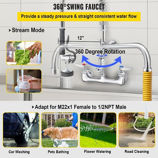 Commercial Pre-rinse Faucet Wall Mount Kitchen Sink Faucet 8" w/ Sprayer