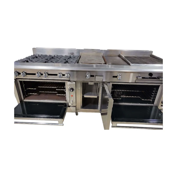 Used Vulcan VC0136-500 Custom Range: 6 Burners / 15-in Griddle / 12-in Hotplate / 24-in Char / Double Oven