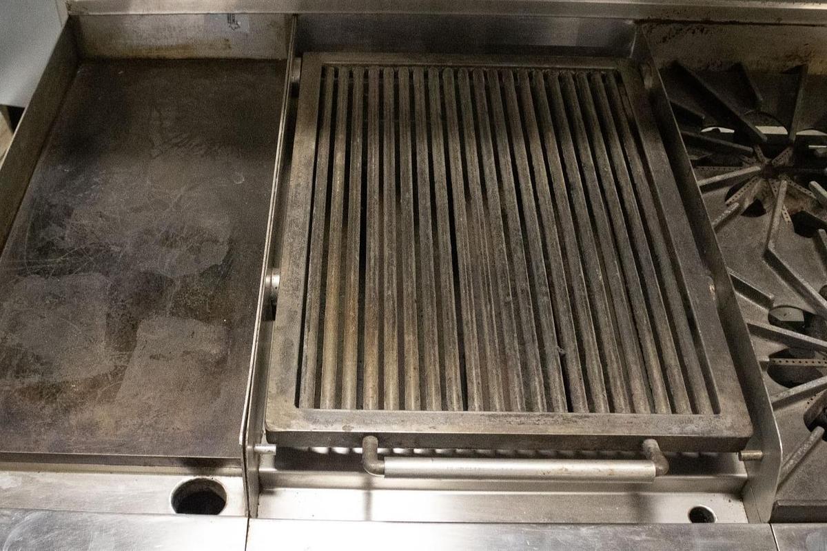 Used QUEST COMBINATION RANGE W/ GRILL, GRIDDLE, CHAR BROILER - 1 CONVECTION OVEN - 1 REGULAR OVEN FRENCH TOP BURNERS - TOP OF THE LINE