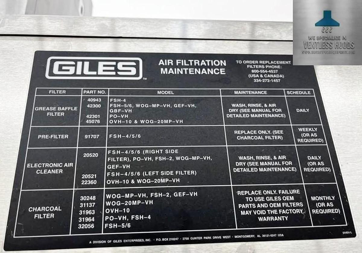 Used Gile 60" ventless hood - like new condition