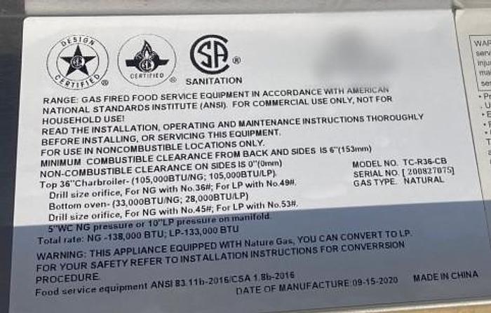 36" char broiler with oven below