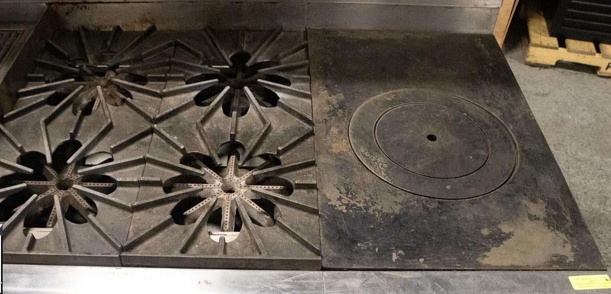 Used QUEST COMBINATION RANGE W/ GRILL, GRIDDLE, CHAR BROILER - 1 CONVECTION OVEN - 1 REGULAR OVEN FRENCH TOP BURNERS - TOP OF THE LINE
