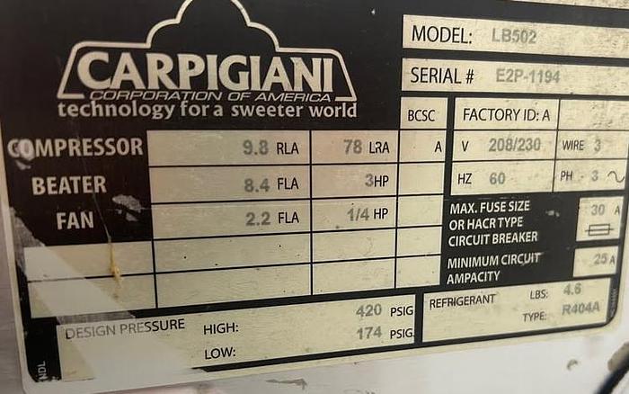 Refurbished Carpigiani Gelato and Ice Cream Batch Freezer