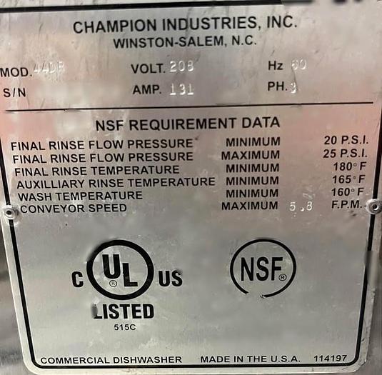 Refurbished Champion double rack pass thru dishwasher - save big time!!!!!!