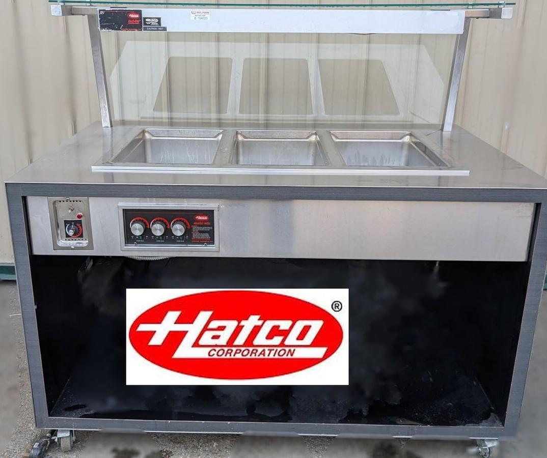 Used Hatco 59 x 36" Three Well Hot Food Table with Hatco Heat Lamps, Sneeze Guard 