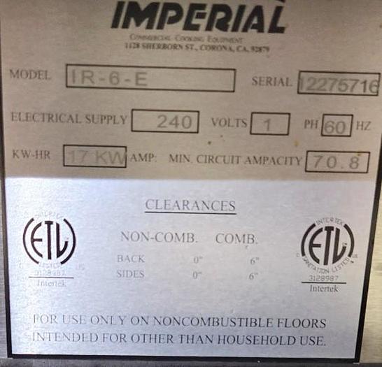 Refurbished Imperial Electric 6 burner oven - single phase 