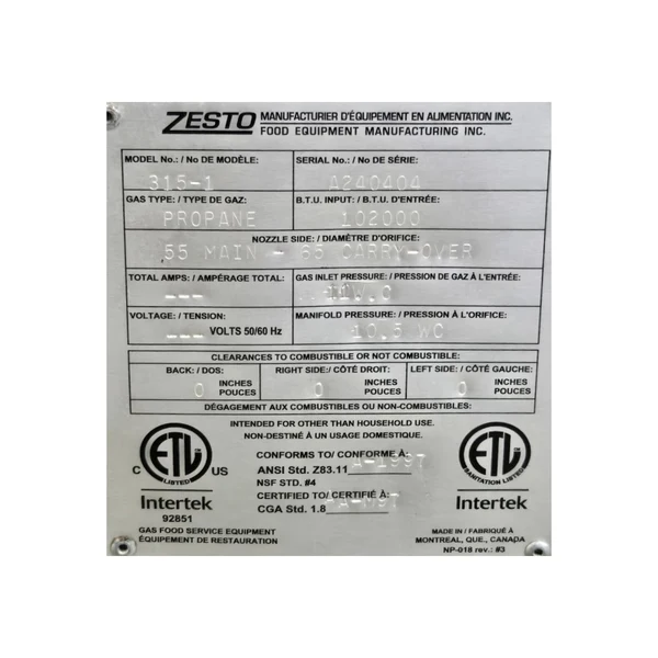 Used Zesto 315-1 Double Deck Pizza Oven - Propane - 72 Inch -