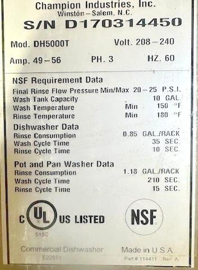 Used CHAMPION MODEL DH500T"COMMERCIAL HIGH TEMP VENTLESS DISHWASHER - 280/240V,3PH