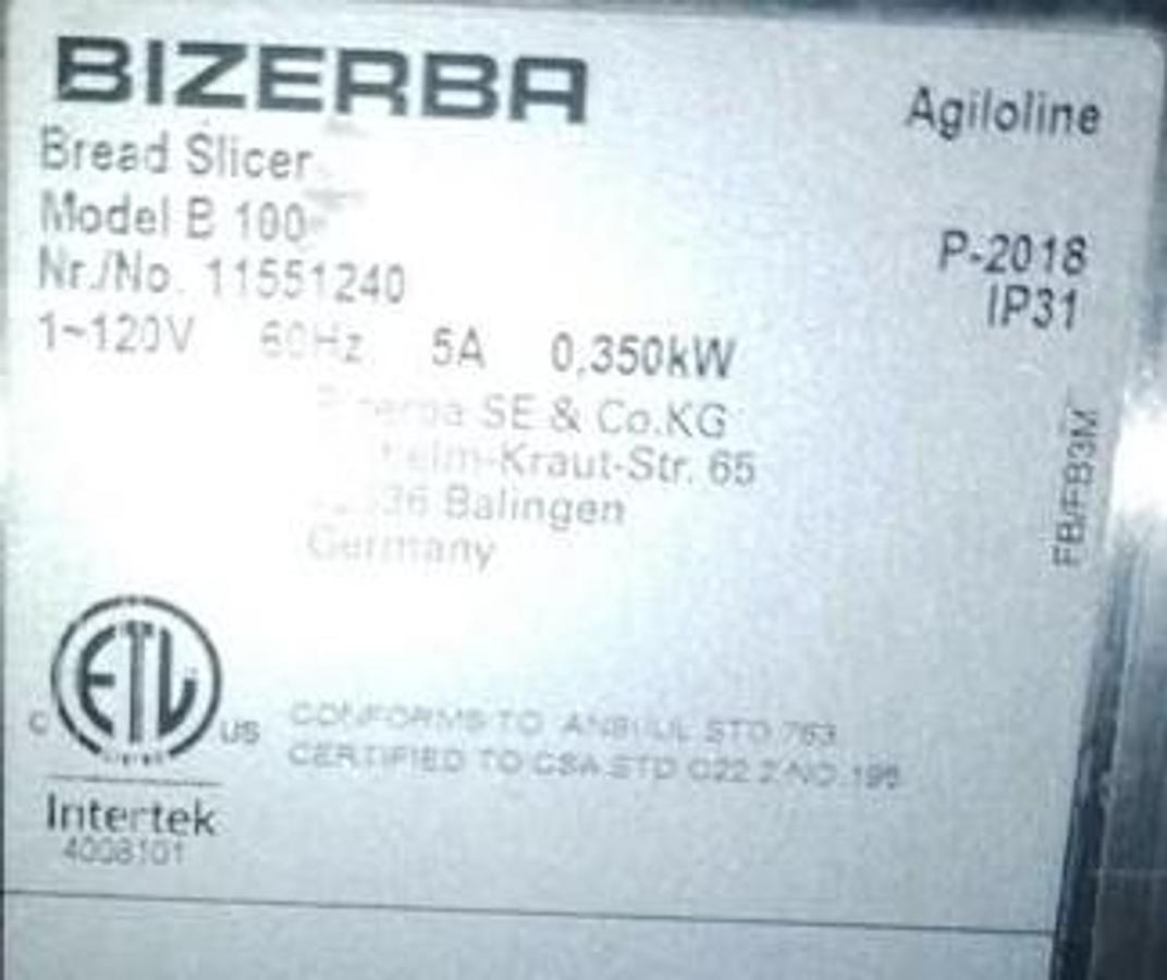 Used Bizerba B 100-1PM Slicer, Bread various slice sizes