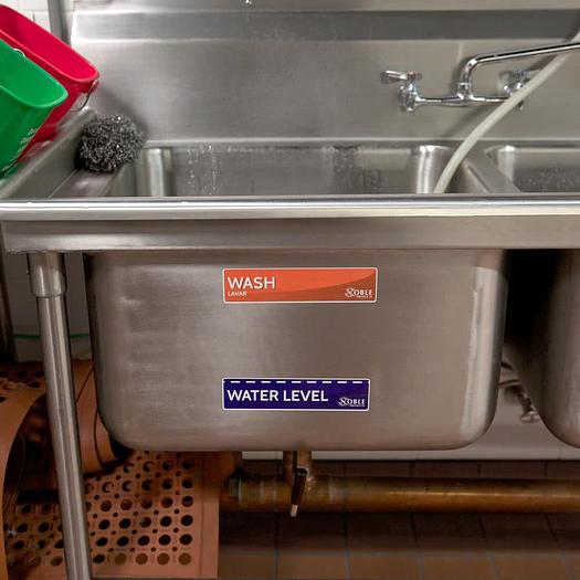 Wash, Rinse, Sanitize, and Water Level Permanent Sink Label
