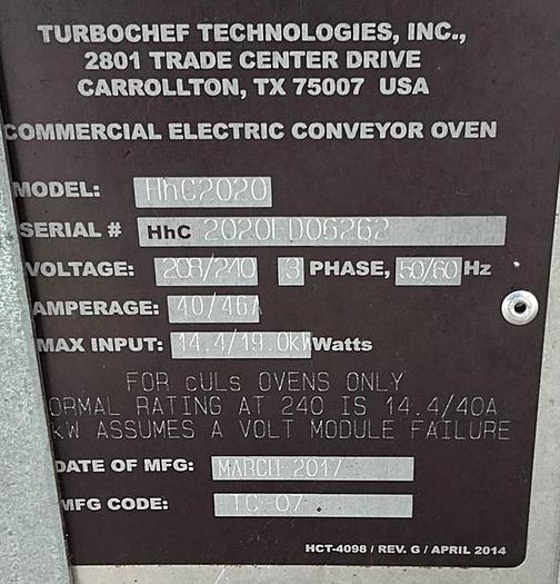 Refurbished Turbochef conveyor high speed oven - triple stack - Model 2020