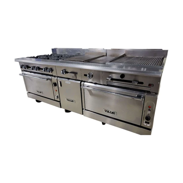 Used Vulcan VC0136-500 Custom Range: 6 Burners / 15-in Griddle / 12-in Hotplate / 24-in Char / Double Oven