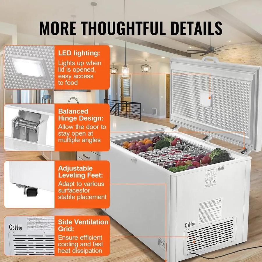 Used hest Freezer, 17.2 cu.ft / 488 L Large Deep Freezer & 4 Removable Baskets, Freestanding Top Open Door Commercial Chest Freezers with Locking Lid, 7-Level Adjustable Temp, LED Lighting, 6 Wheels