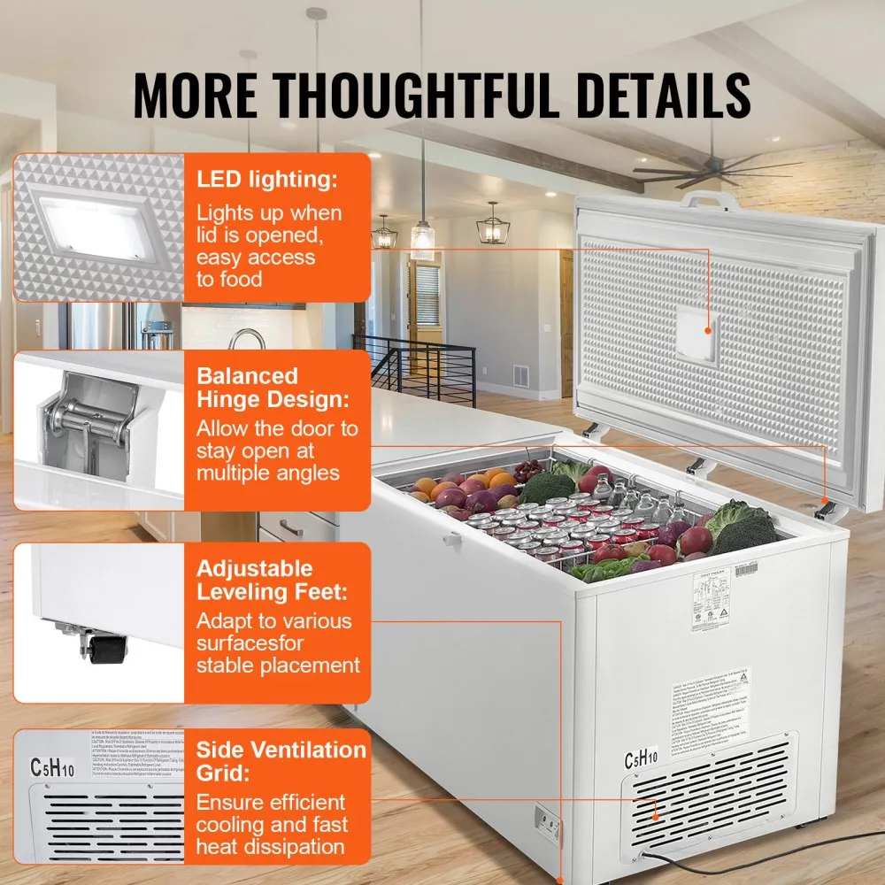 Used hest Freezer, 17.2 cu.ft / 488 L Large Deep Freezer & 4 Removable Baskets, Freestanding Top Open Door Commercial Chest Freezers with Locking Lid, 7-Level Adjustable Temp, LED Lighting, 6 Wheels