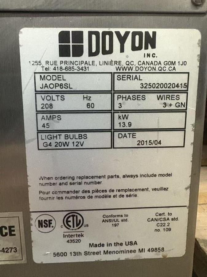 Used Doyon JAOP6SL Jet Air Double Deck Electric Oven