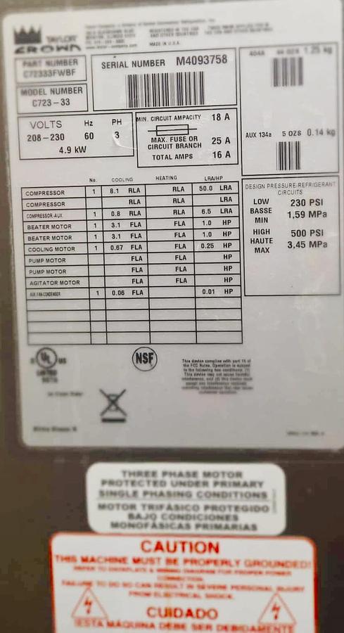 Used Taylor C723 ice cream machine - warranty