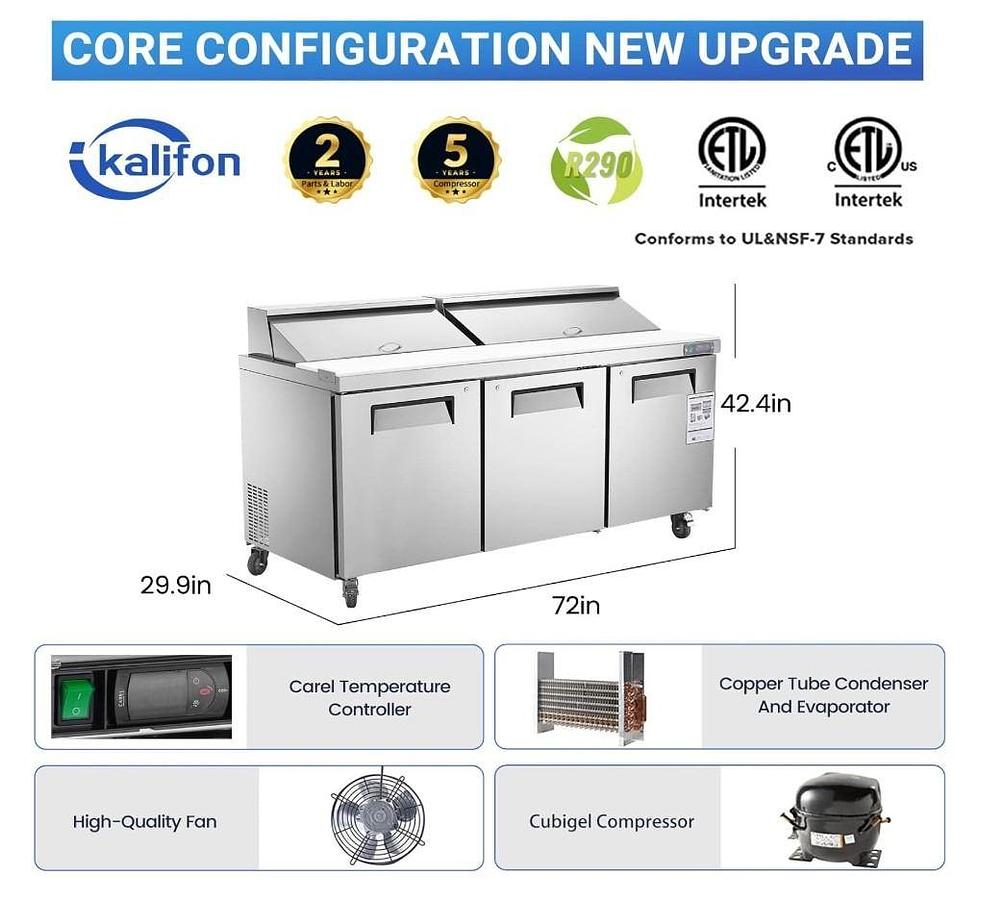 Kalifon 6 ft Prep Table - Scratch & Dent - Model KSR-72B1 - 115 V - 4.6 Amps