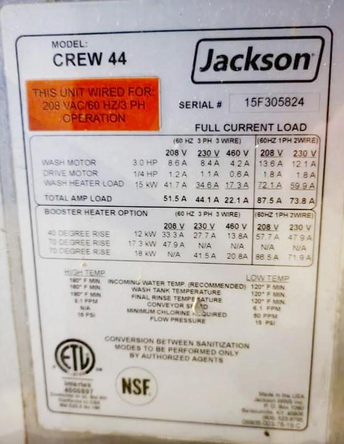 Used Jackson Commercial Conveyor Dishwasher Left to Right