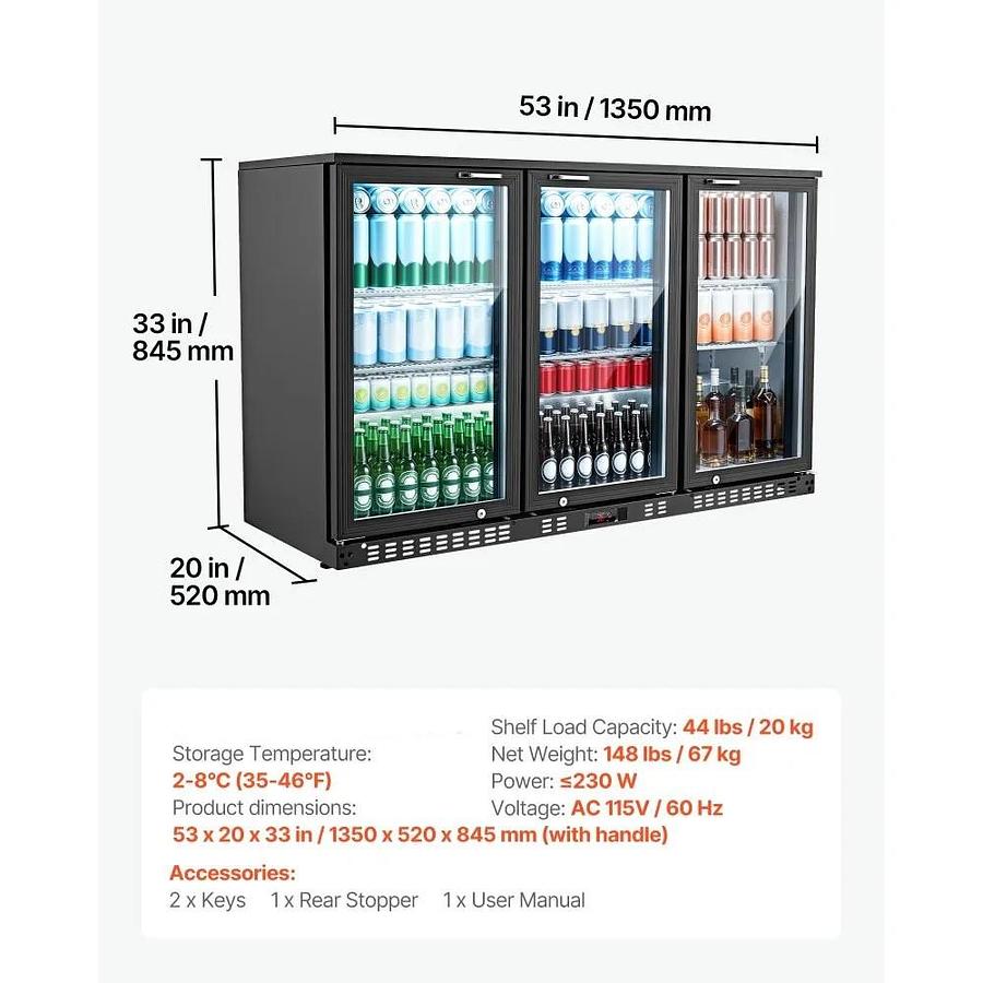 Used Back Bar Cooler, 11.4 Cu.Ft Commercial Beverage Refrigerator with 3 Glass Door, Large Under Counter Fridge w/ LED Lighting, Shelf, Low-E Glass Display Cooler for Store, Lobby, Restaurant, Pub