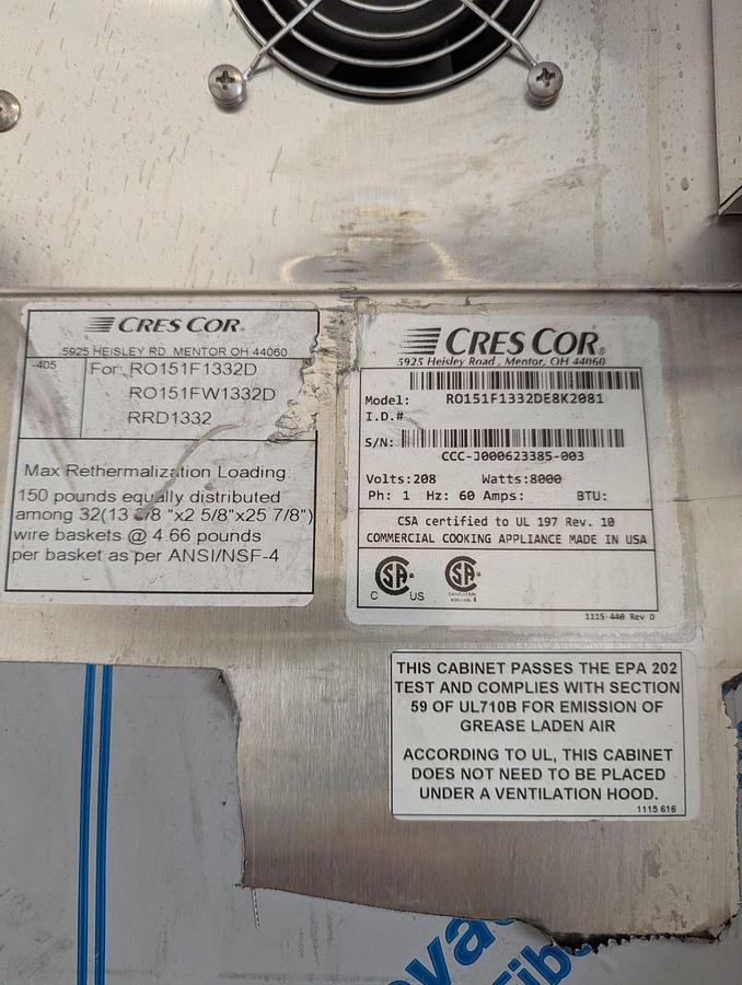 Used  Cres Cor 8000W Cook And Hold Oven/Rethemalizer - NEAR NEW CONDITION