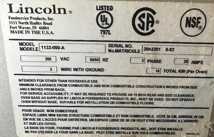 Refurbished LINCOLN DOUBLE STACK ELECTRIC PIZZA OVEN. MODEL: LINCOLN 1132-000-A 