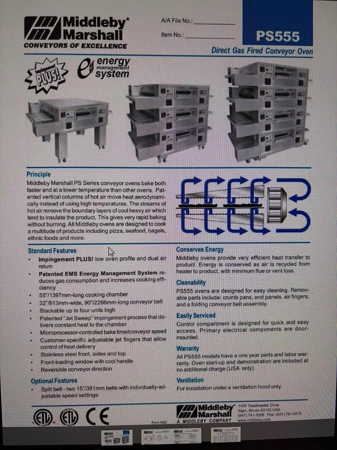 Used Middle By Marshal PS555-2G Conveyor Pizza Ovens