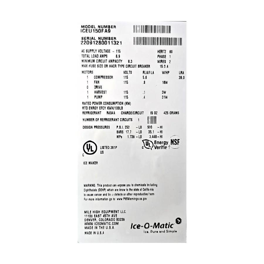 Used Ice-O-Matic ICEU150FA9 Undercounter Ice Machine - warranty