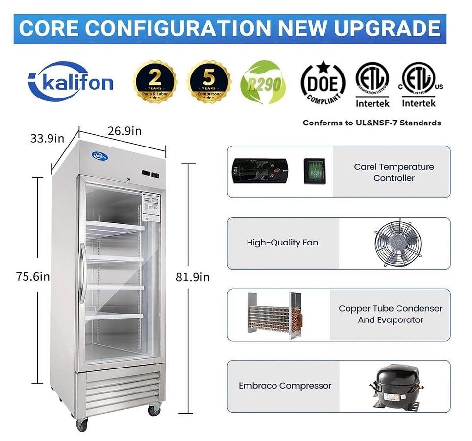 Used Kalifon KR-238G1 Single Glass Door Refrigerator - Scratch & Dent - 115V - 60Hz - 1Ph - BRAND NEW -SEE VIDEO