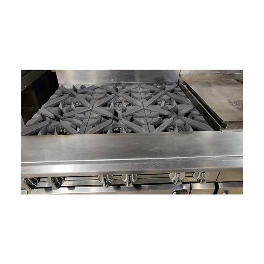 Used Vulcan VC0136-500 Custom Range: 6 Burners / 15-in Griddle / 12-in Hotplate / 24-in Char / Double Oven