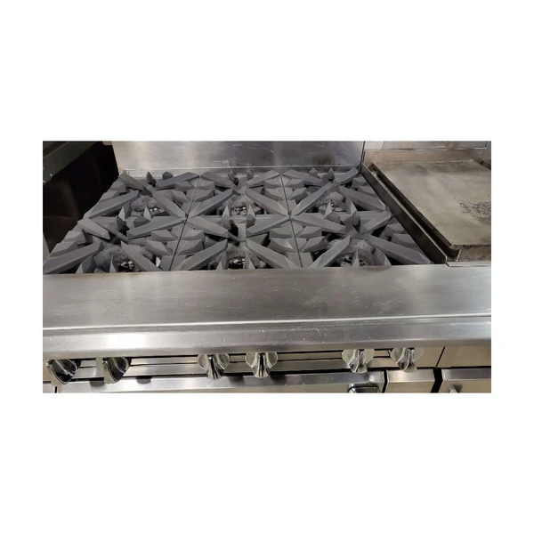 Used Vulcan VC0136-500 Custom Range: 6 Burners / 15-in Griddle / 12-in Hotplate / 24-in Char / Double Oven