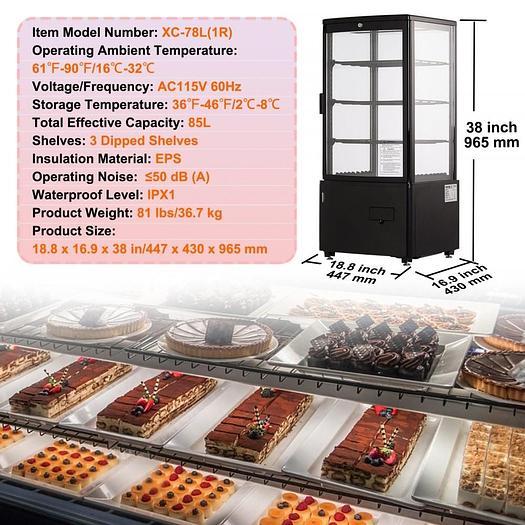 Refrigerated Display Case, 3 Cu.Ft./85L Countertop Pastry Display Case, 3-Tier