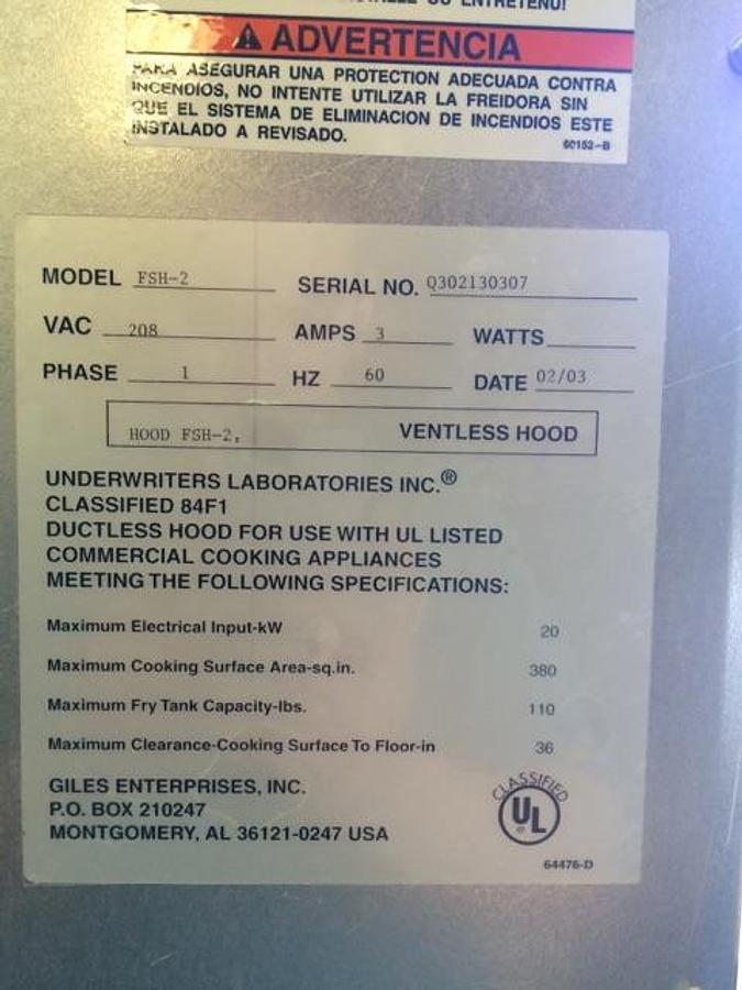 GILES 098060802 Ventless Exhaust Hood
