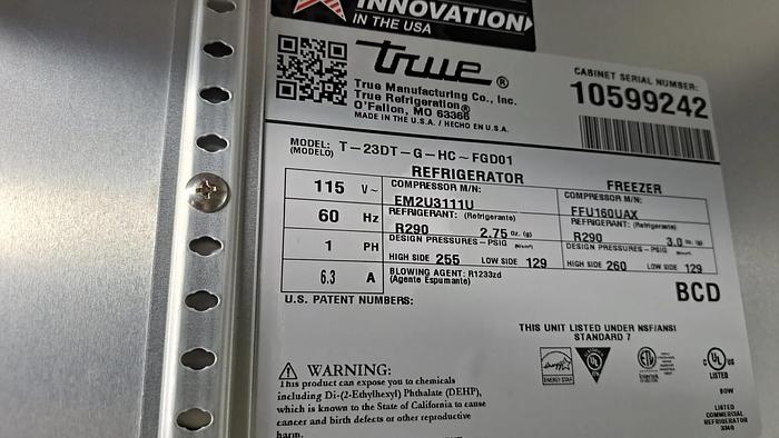 Refurbished True T-23DT-G-HC~FGD01 One Section Commercial Combo Refrigerator Freezer -BUY OR RENT $17.18 PER DAY