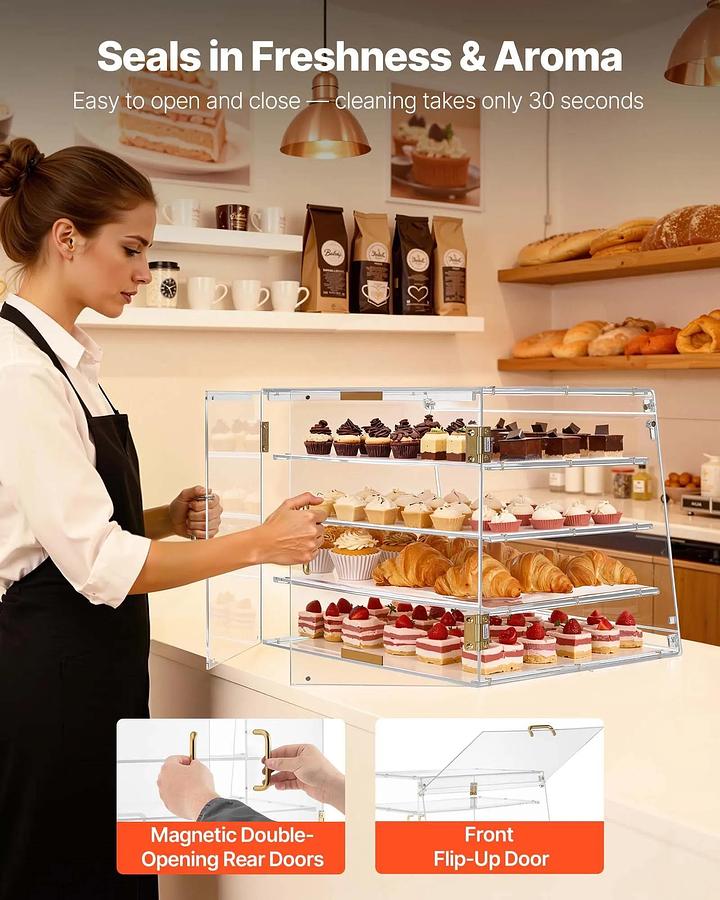 Bakery Display Case, 4-Tier Commercial Countertop Pastry Display Case, Clear Acrylic Bread Box for Kitchen, Party Cake Cabinet with Magnetic Rear Door for Cookie Dessert Donut, 20.9"x17.1"x16.3"