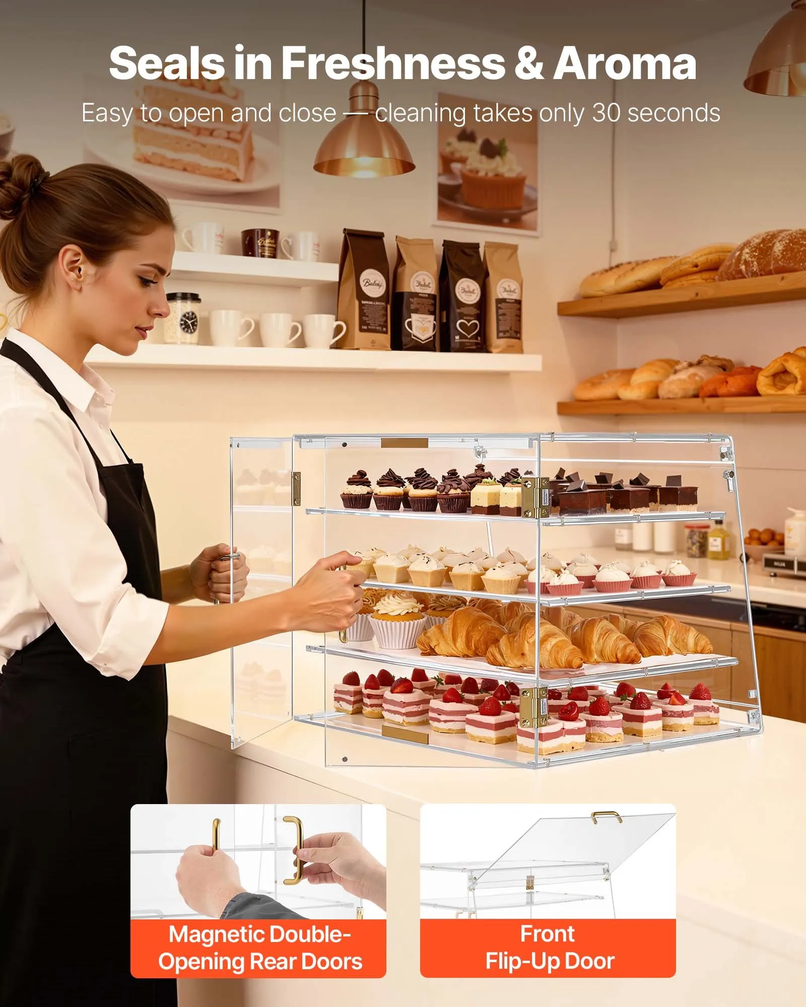 Bakery Display Case, 4-Tier Commercial Countertop Pastry Display Case, Clear Acrylic Bread Box for Kitchen, Party Cake Cabinet with Magnetic Rear Door for Cookie Dessert Donut, 20.9"x17.1"x16.3"
