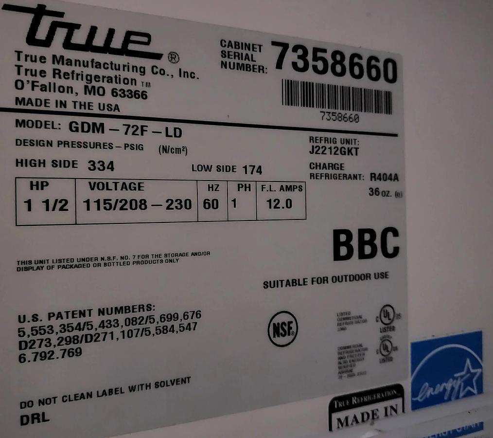 Used True GDM-72F-LD Three Glass Door Freezer