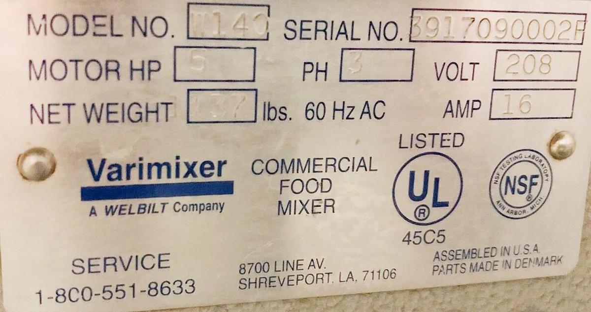 Used Welbilt Varimixer W140 140 quart Commercial Bakery Mixer