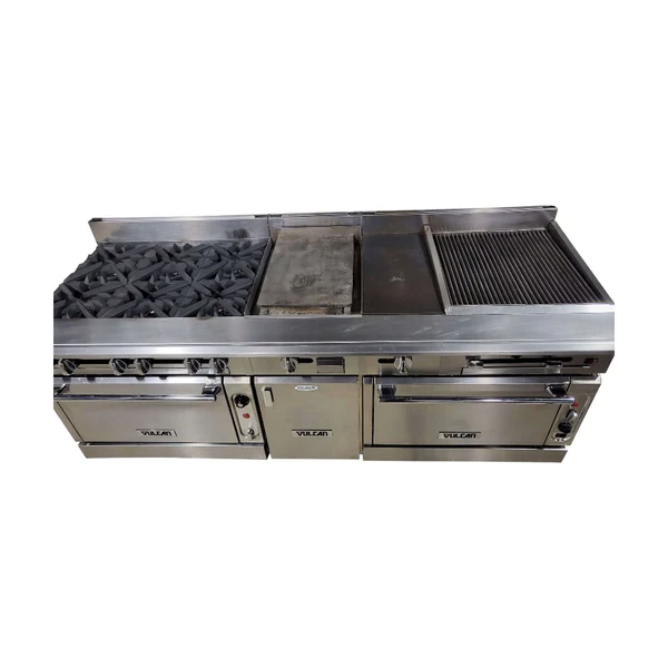 Used Vulcan VC0136-500 Custom Range: 6 Burners / 15-in Griddle / 12-in Hotplate / 24-in Char / Double Oven