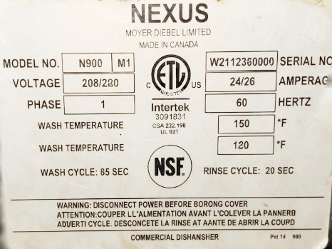 Used Nexus by Moyer Diebel Commercial Under-Counter Dishwasher