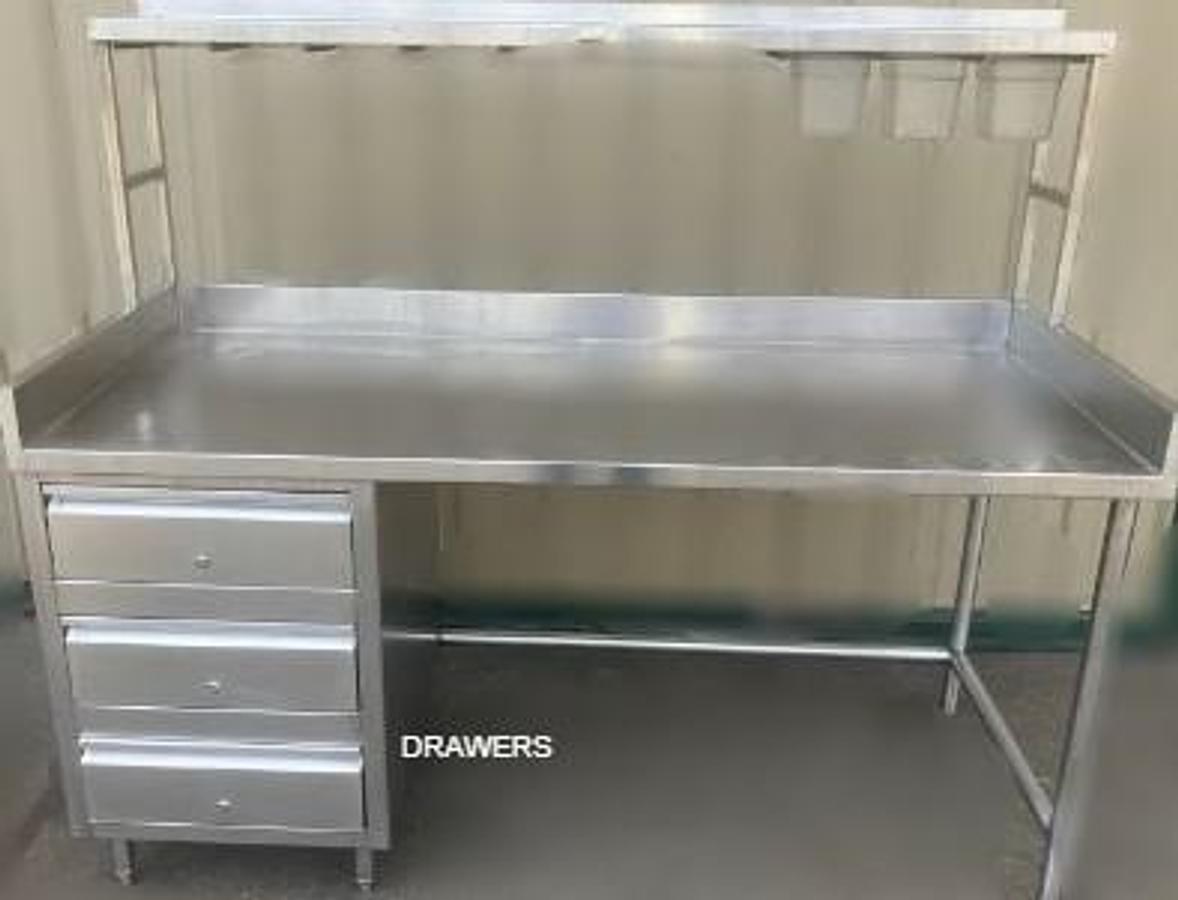 Used Custom Table with 3 Drawers, Overhead Shelf and Ingredients Rail