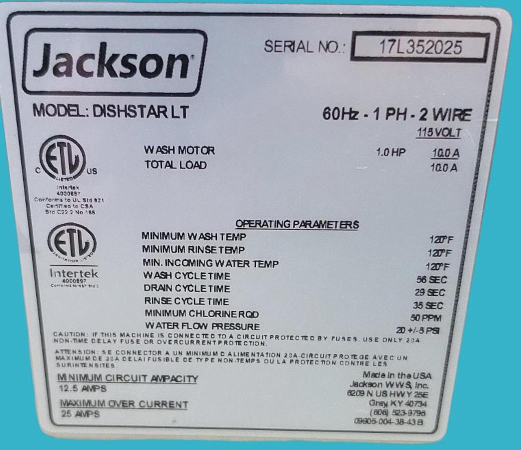 Used Jackson Undercounter Low Temperature Energy Efficient Dishwasher DISHSTAR LT
