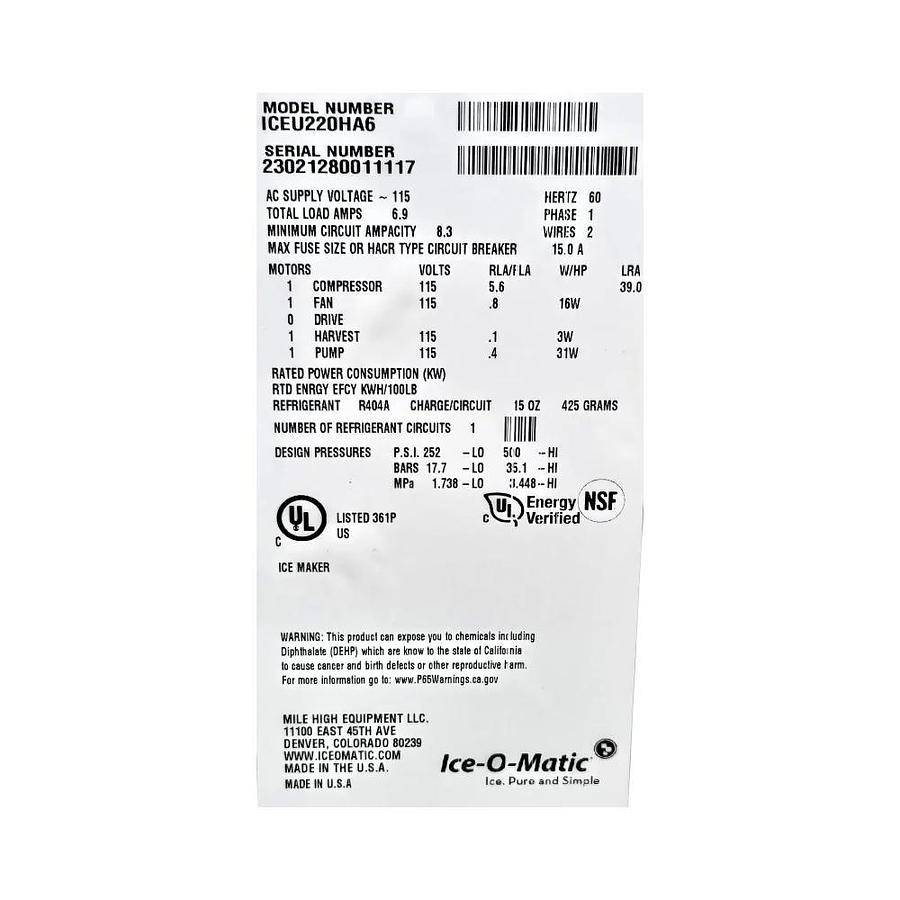 Used Ice-O Matic ICEU220HA6 Ice Machine - Undercounter - 238Lbs -WARRANTY