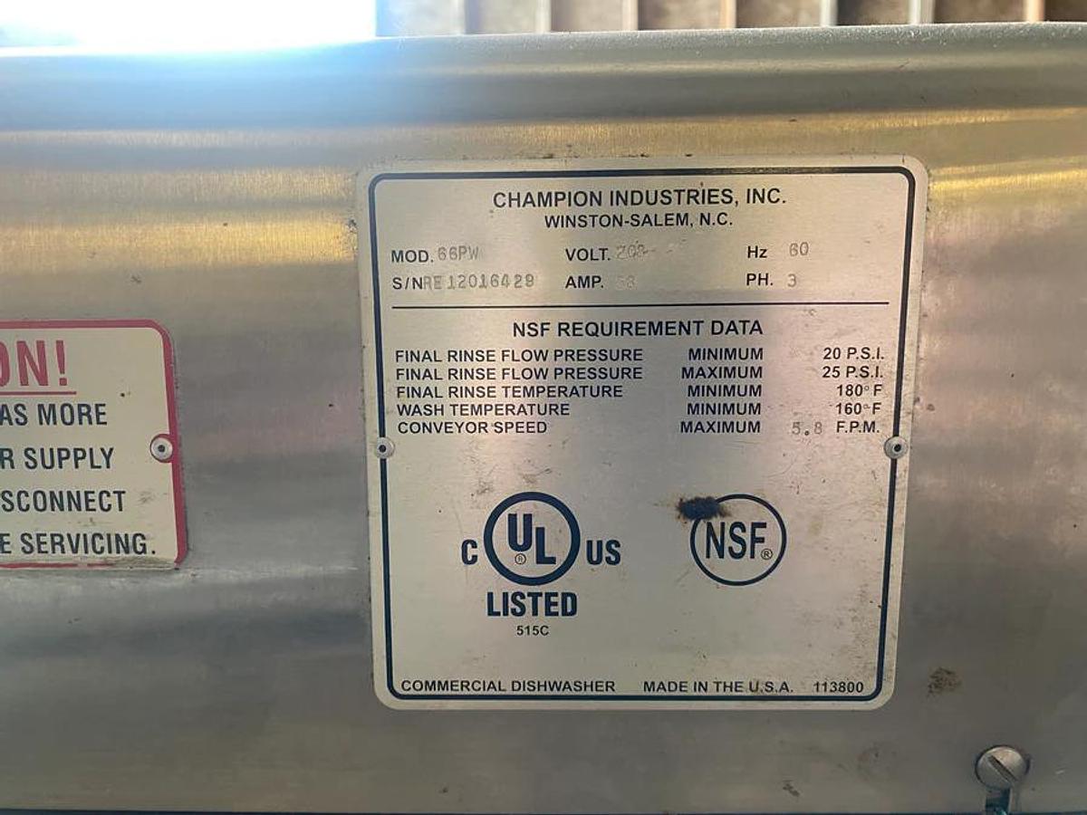 Used Champion E-Series 66PW Right to Left Conveyor Dishwasher - Booster Not Included