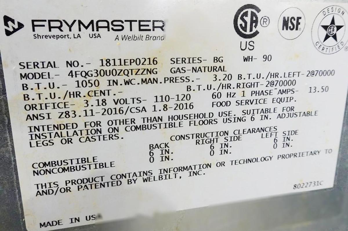 Used FRYMASTER  - SS FOUR UNIT FLOOR FRYER  - MOLDEL  4FQG30U0ZQTZZNG - Natural Gas