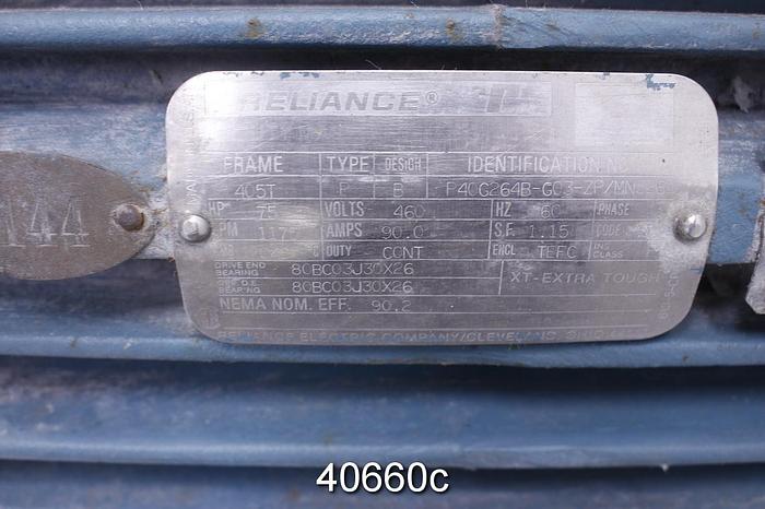 Used Reliance 75 HP AC Motor, 1175 RPM, 460 Volt #40660