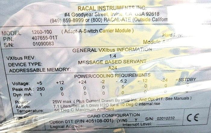 Racal 1260-100, 407655-01T Adapt-A-Switch VXIbus Carrier Module Rev 1.4, OPT 01T