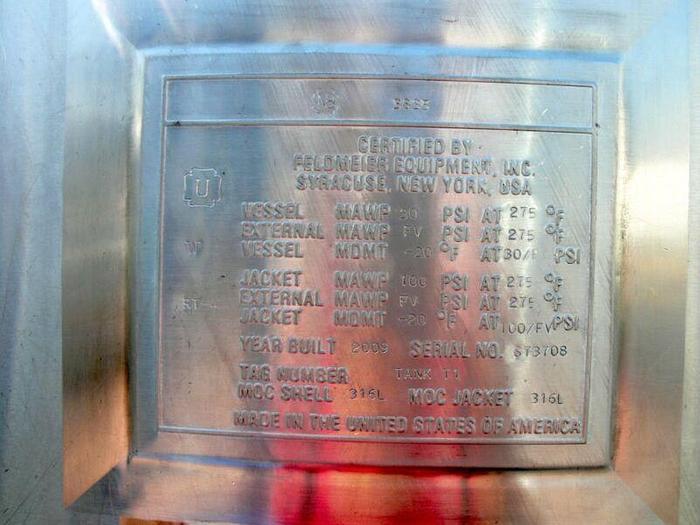 Used Feldmeier 4500 Liter 316L SS Jacketed Reactor w/ Agitator 30 PSI FV &100 PSI