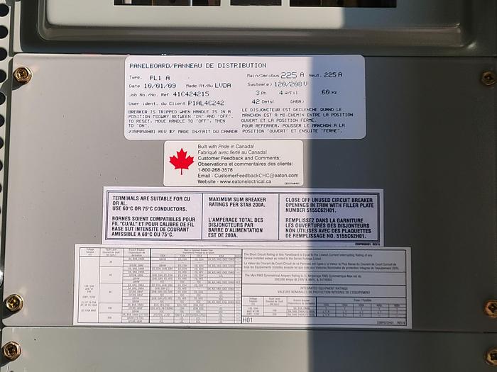 Surplus 2009 Eaton Cutler-Hammer PL1 A Suplus New Panelboard, 42 Circuits